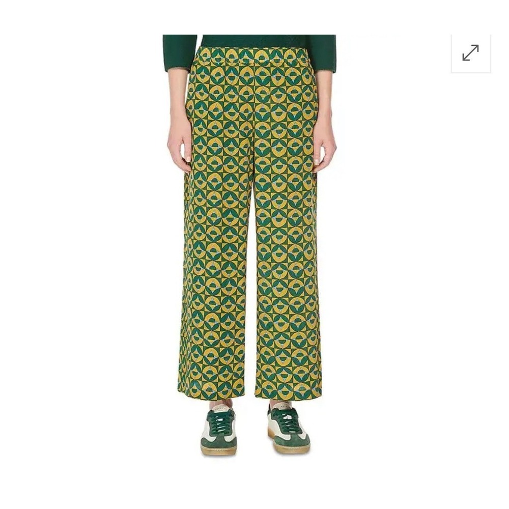 Weekend Max Mara Silk Wide Leg Pants 6 Green Yellow Geometric